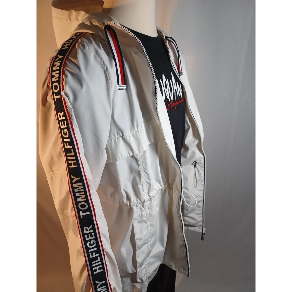 Tommy Hilfiger Jacket Mens 2XL White Hooded Windbreaker‎ Logo Tape Zip Casual